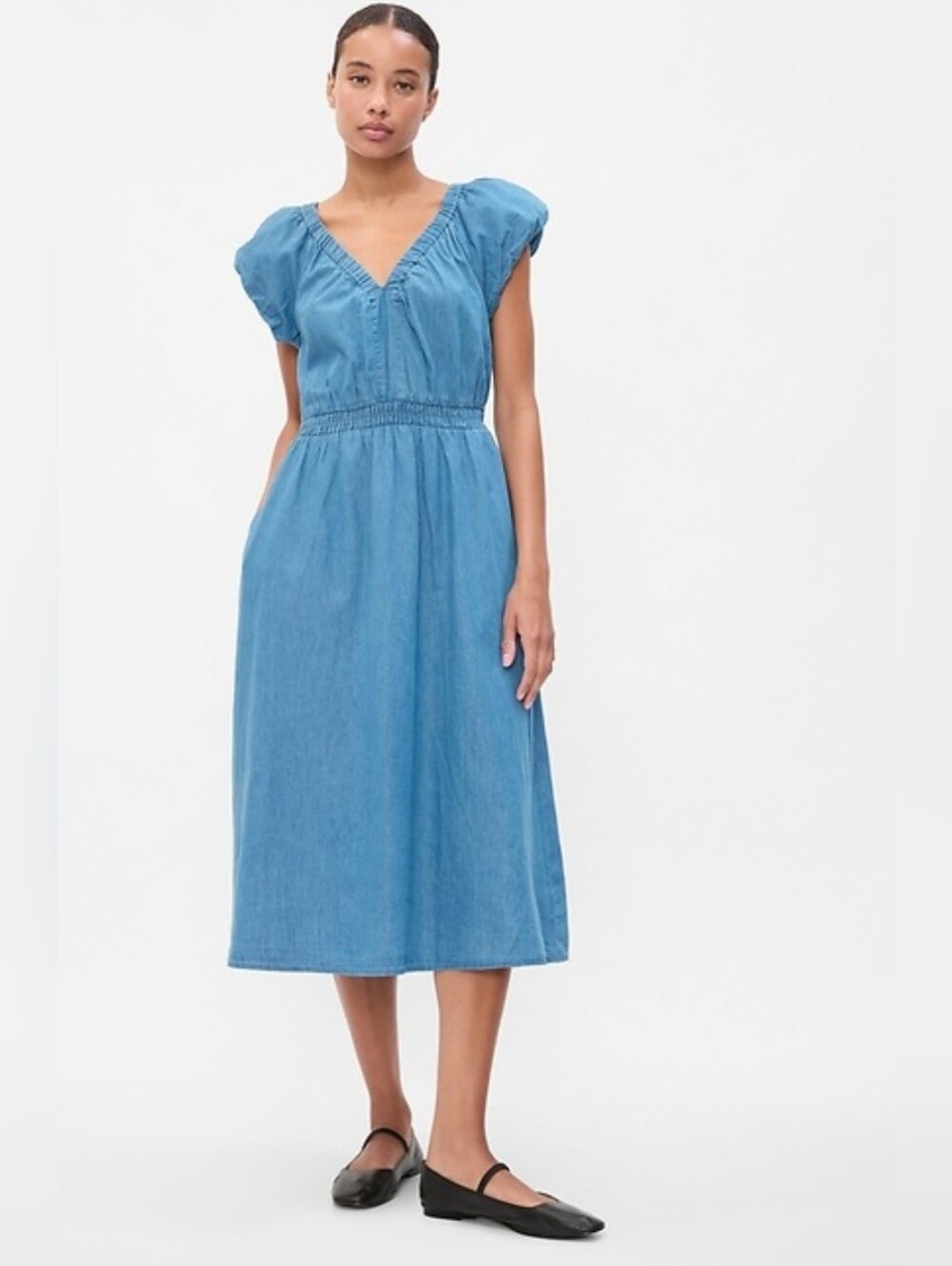 GAP Bohowestern Light Blue Chambray Denim  Elastic-Waist SunDress /Pockets. XXL